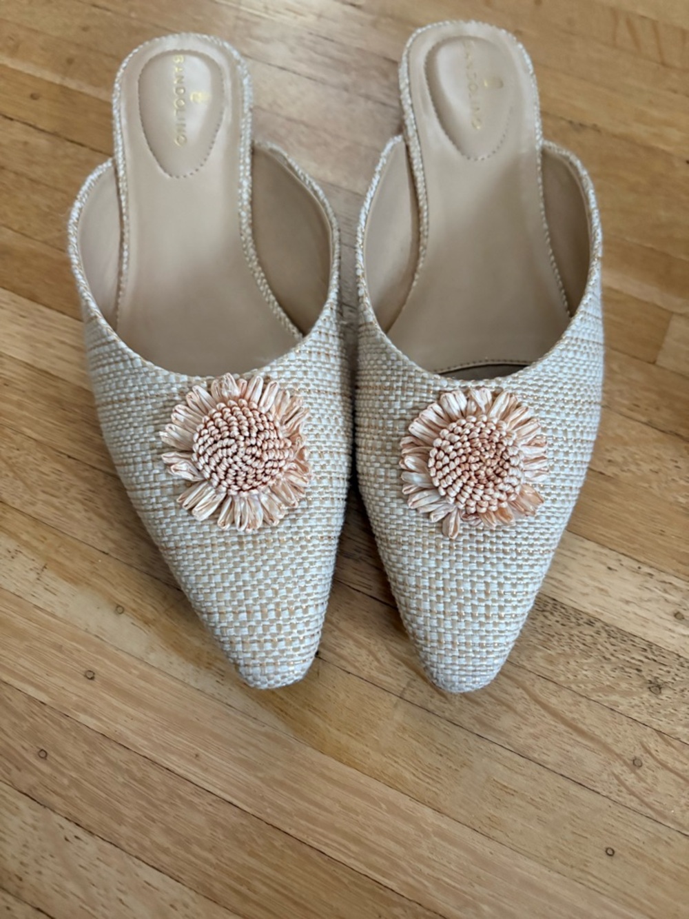 Bandolino Cream Raffia Pointed Mules with Beaded Flower